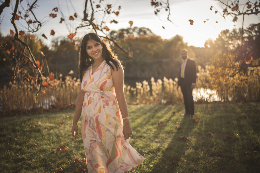 Couple portrait session at Japan House and Gardens in Champaign Illinois during golden hour