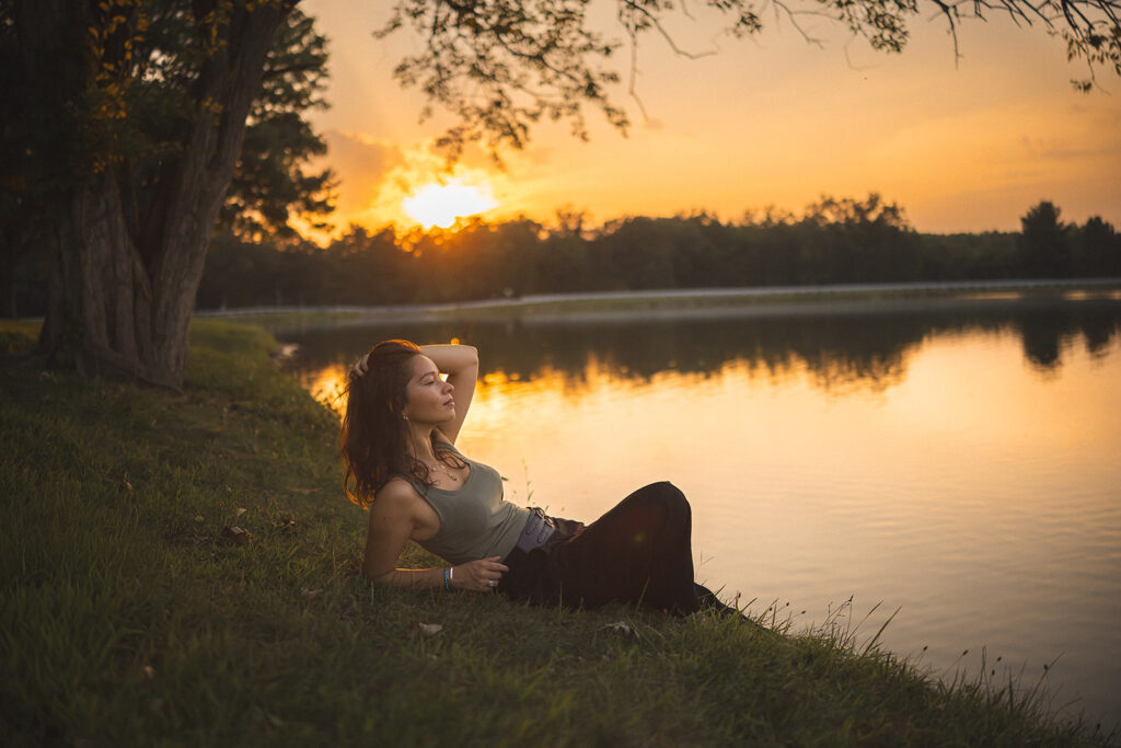 Portrait session by the lake during sunset at Lake of the Woods Forest Preserve in Mahomet, Illinois.